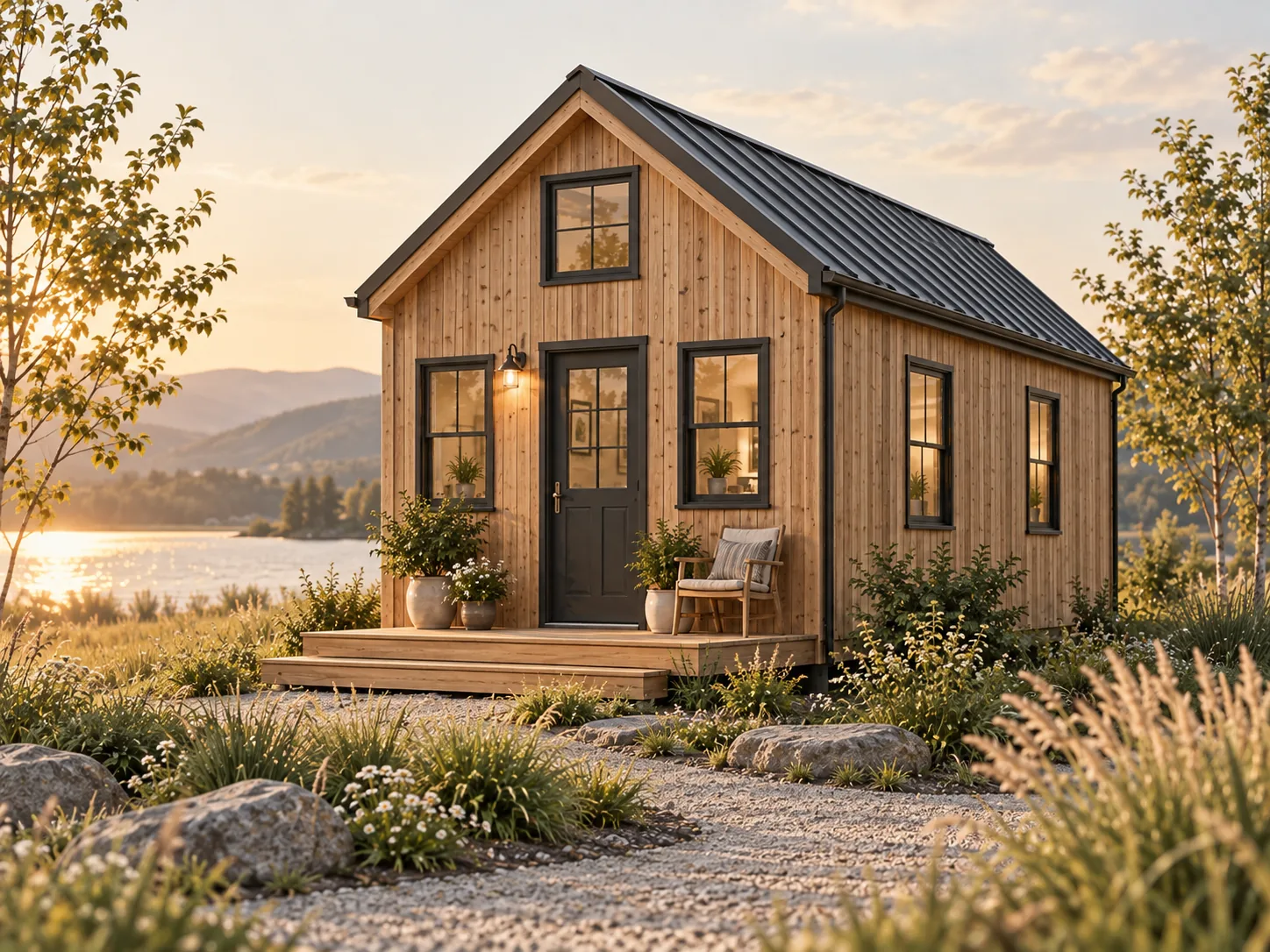 Rendering of a narrow timber-clad tiny house with a dark metal gable roof, a front door between two windows on the gable end, a loft window above and a small deck, beside a lake at sunset.