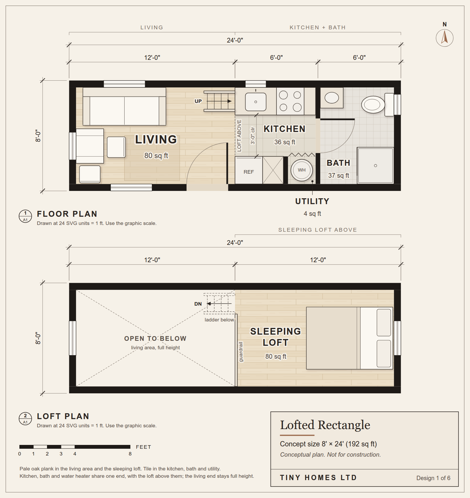Lofted Rectangle: conceptual floor plan and loft plan, 8 ft by 24 ft