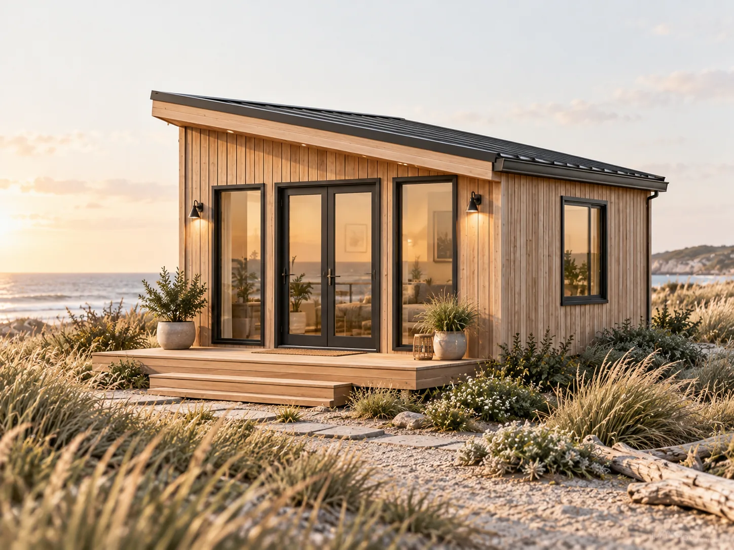 Rendering of a single-storey timber-clad tiny house with a sloped shed roof, glass double doors flanked by tall windows and a low deck, on a grassy coastal site.