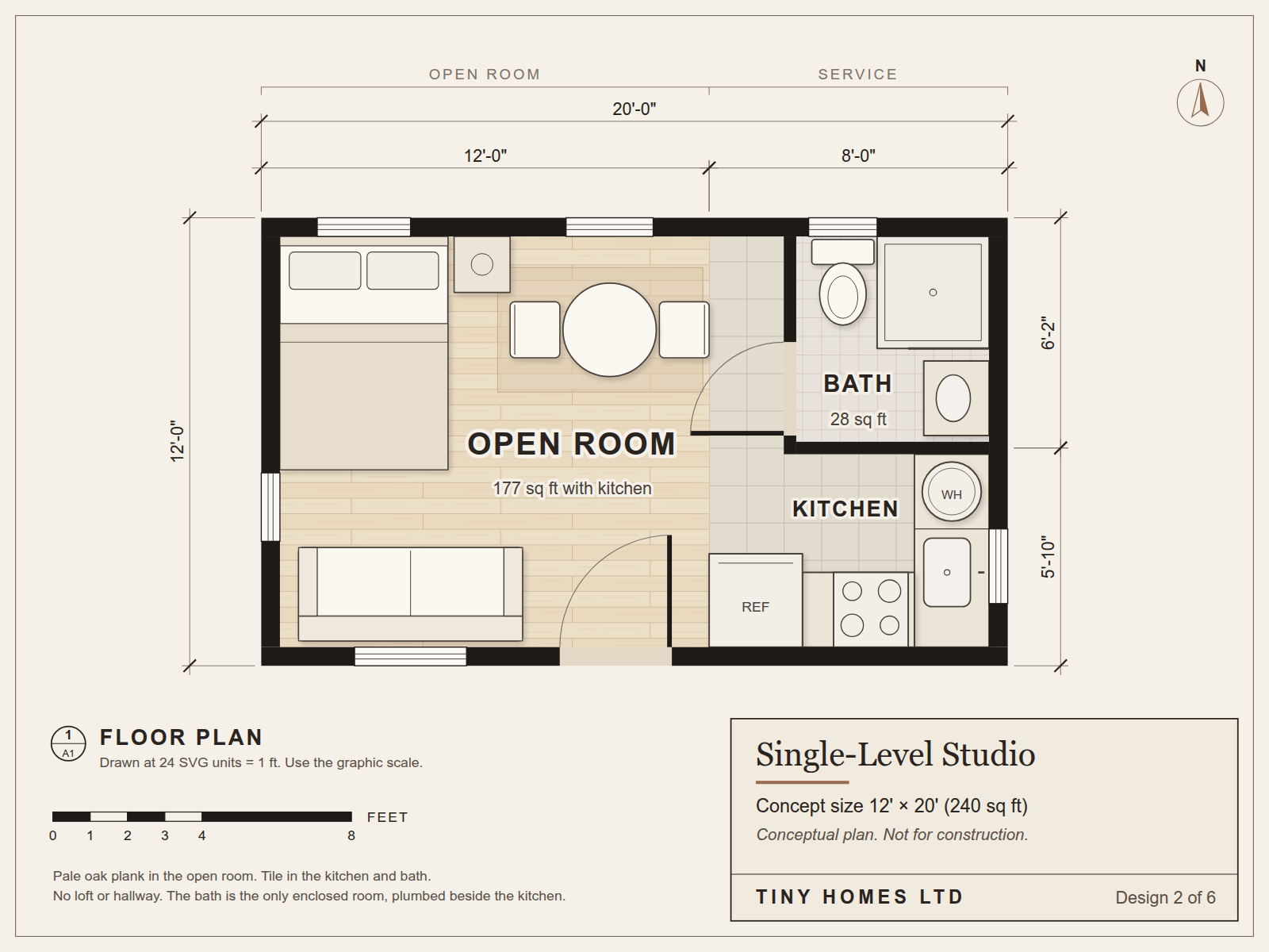 Single-Level Studio: conceptual floor plan, 12 ft by 20 ft