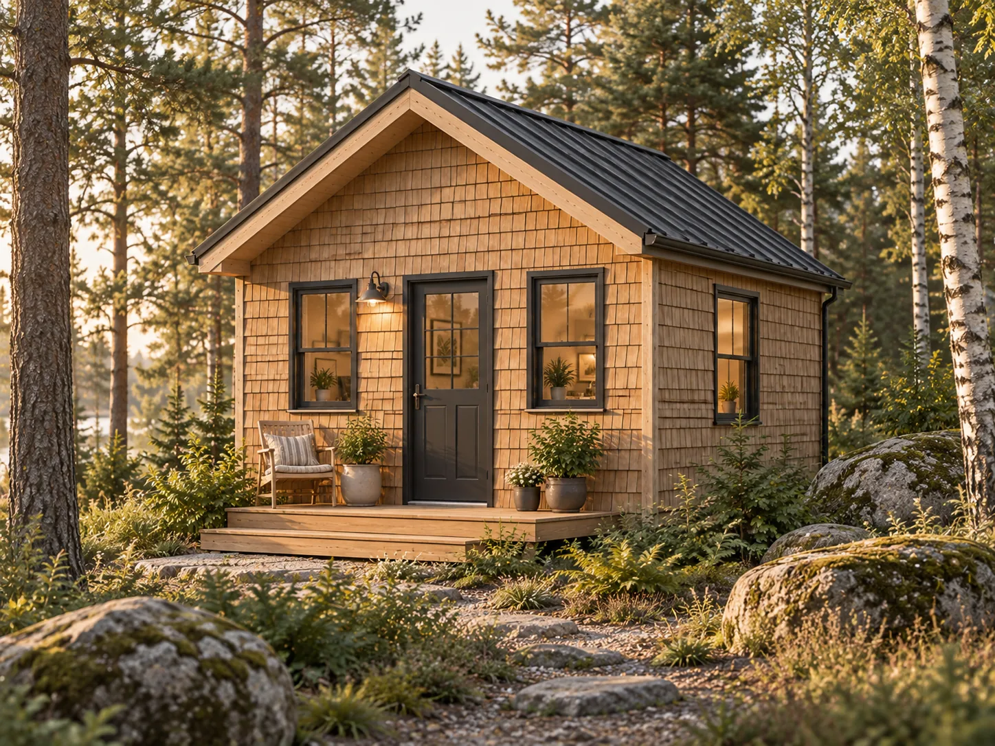 Rendering of a compact square cabin with cedar-shingle siding, a dark metal gable roof, a front door between two windows and a small deck, in a pine and birch forest.