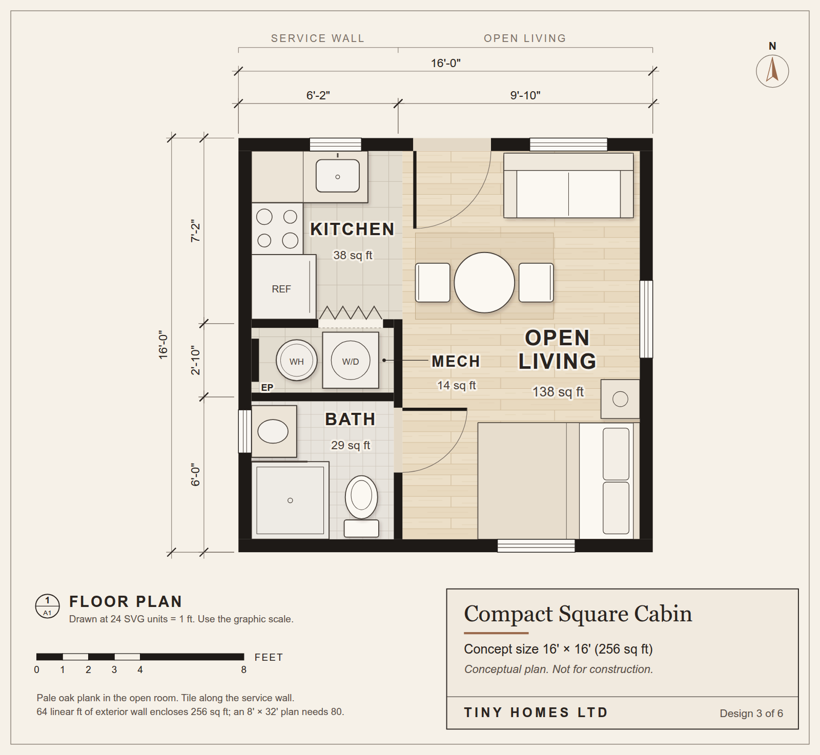 Compact Square Cabin: conceptual floor plan, 16 ft by 16 ft