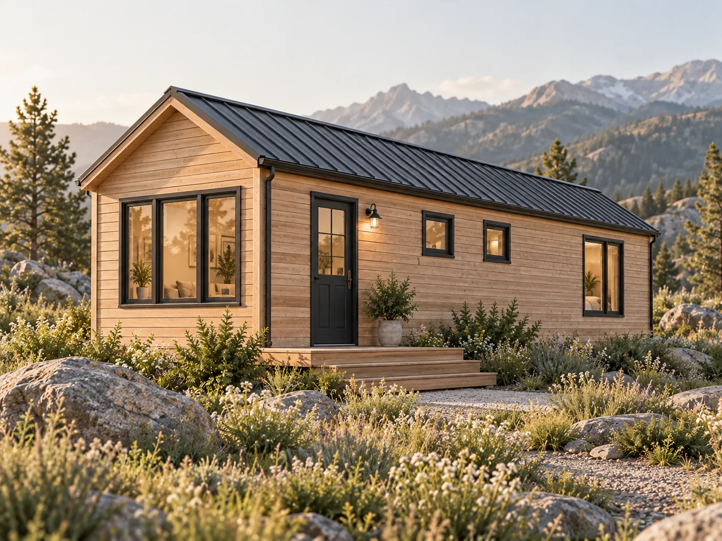 Rendering of a long, low timber-clad tiny house with a dark metal gable roof, a triple window at the gable end, a side entry door with steps and smaller windows along the long wall, in mountain scrubland.