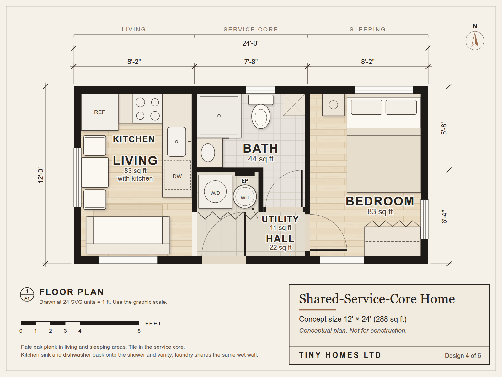 Shared-Service-Core Home: conceptual floor plan, 12 ft by 24 ft
