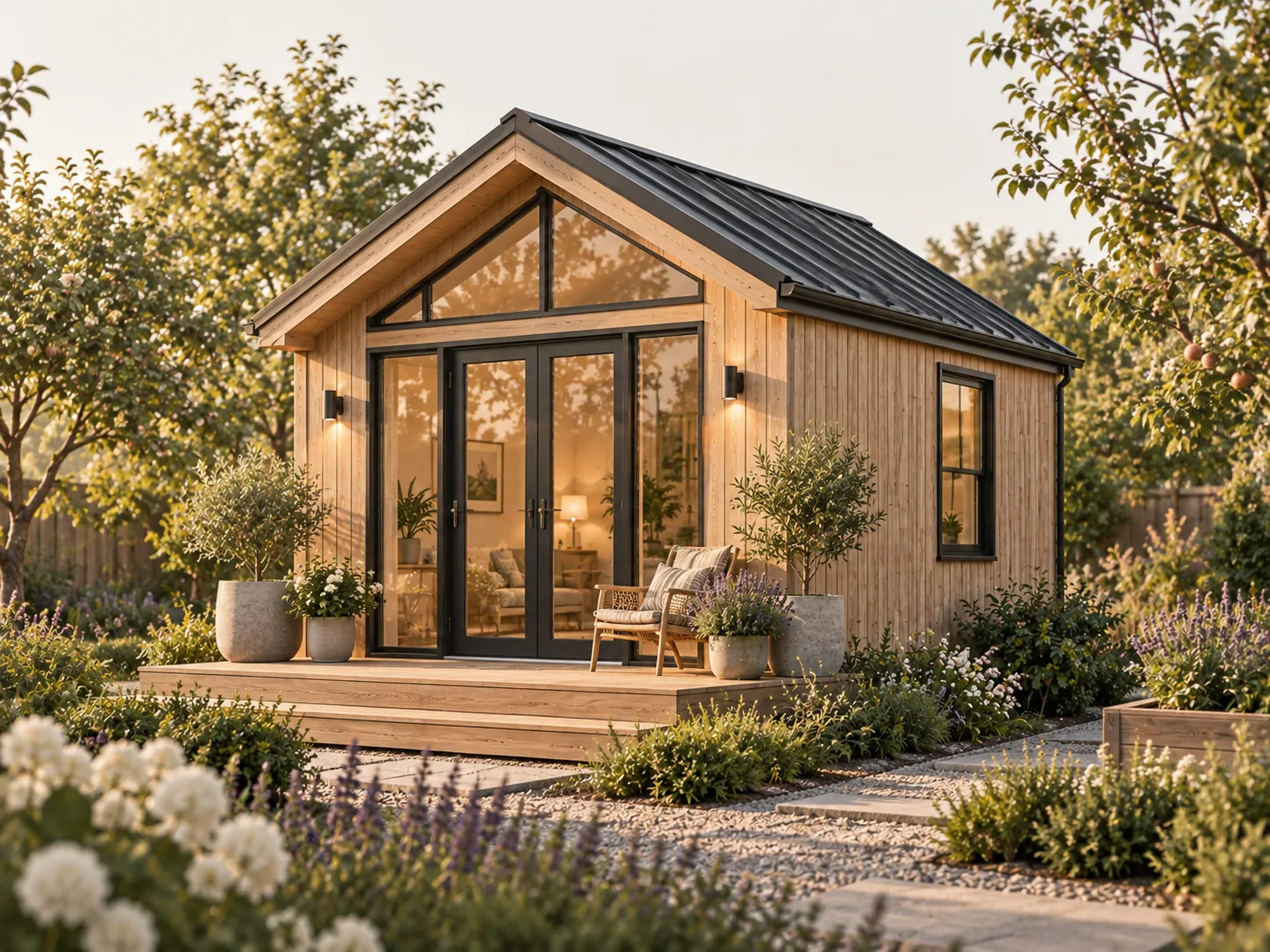 Rendering of a timber-clad tiny house whose gable end is almost entirely glass, with double doors, a triangular upper window and a deck furnished with a chair and planters, in a garden.