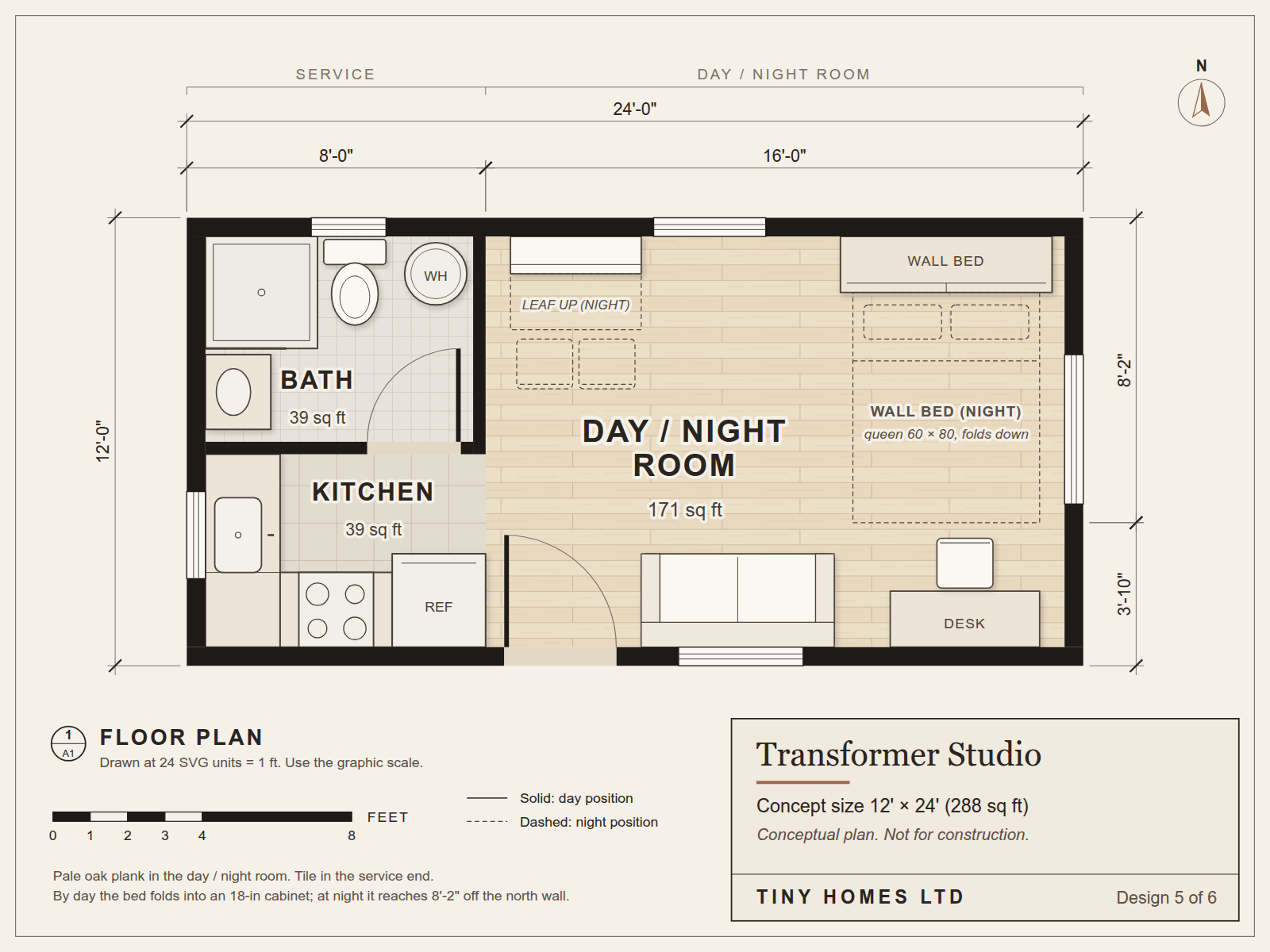 Transformer Studio: conceptual floor plan, 12 ft by 24 ft