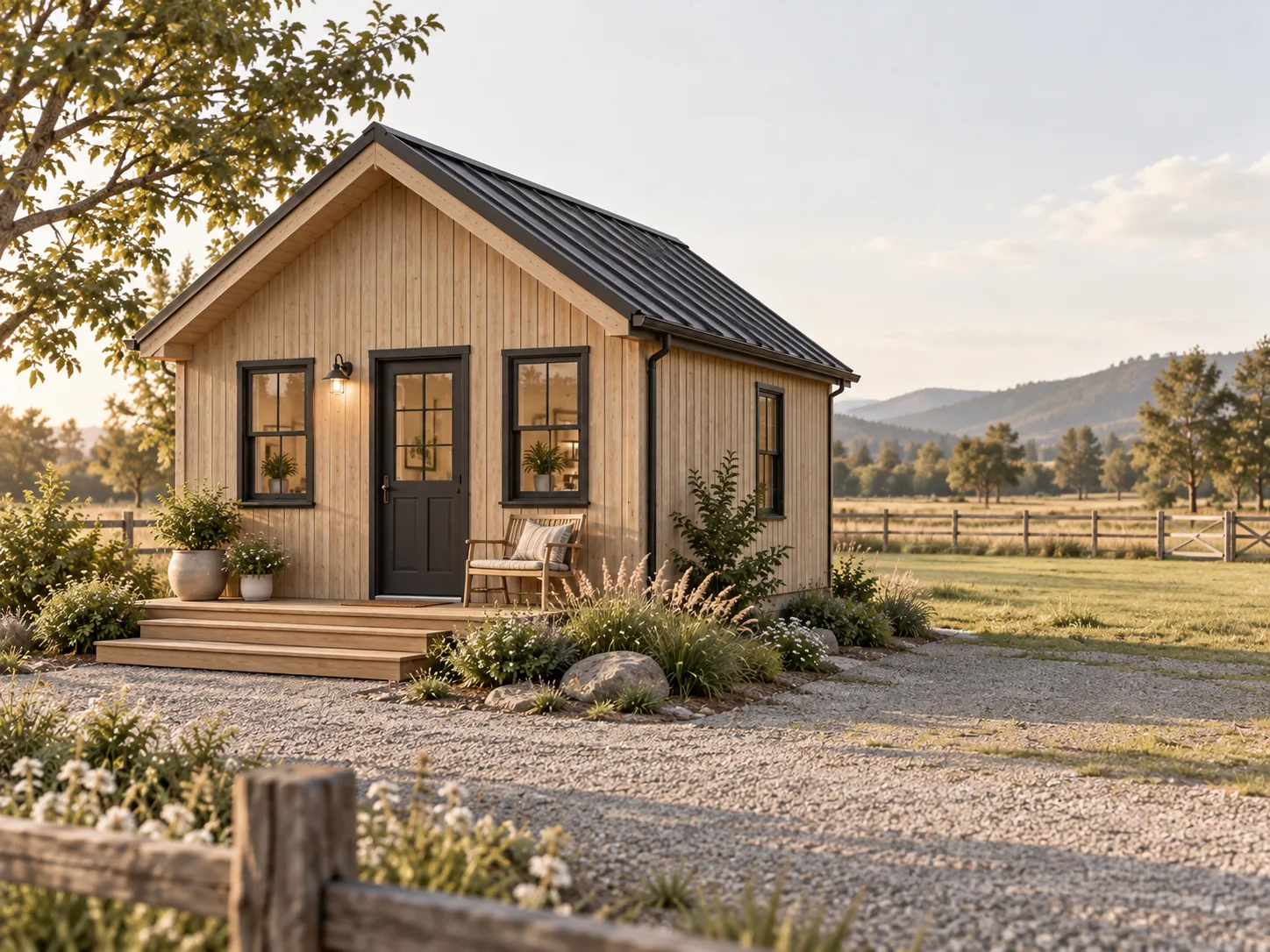 Rendering of a small timber-clad gable-roof house with a front door between two windows, a deck with steps and a gravel drive, in open farmland with a rail fence.