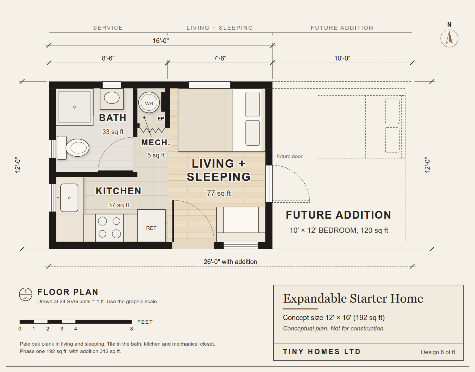 Expandable Starter Home: conceptual floor plan, 12 ft by 16 ft with a future 10 ft by 12 ft addition
