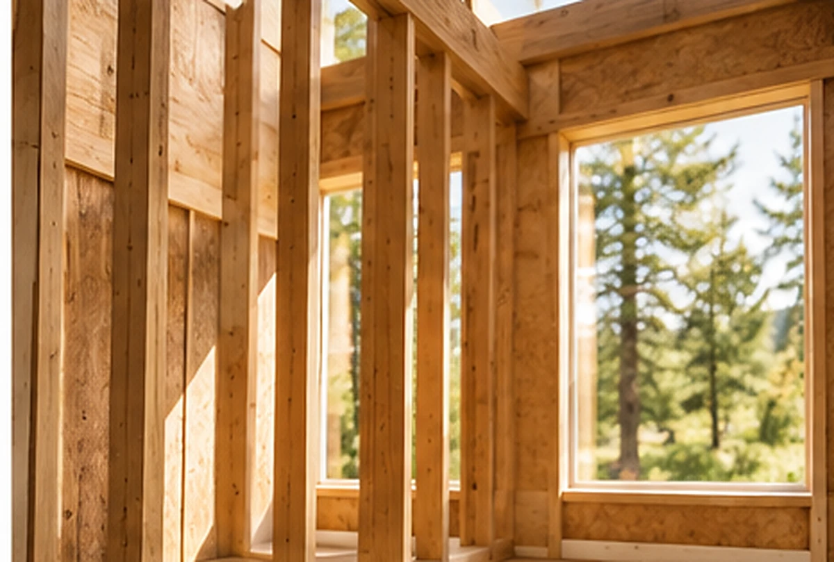 Sunlit timber wall framing and uncomplicated roof structure of a small house under construction.