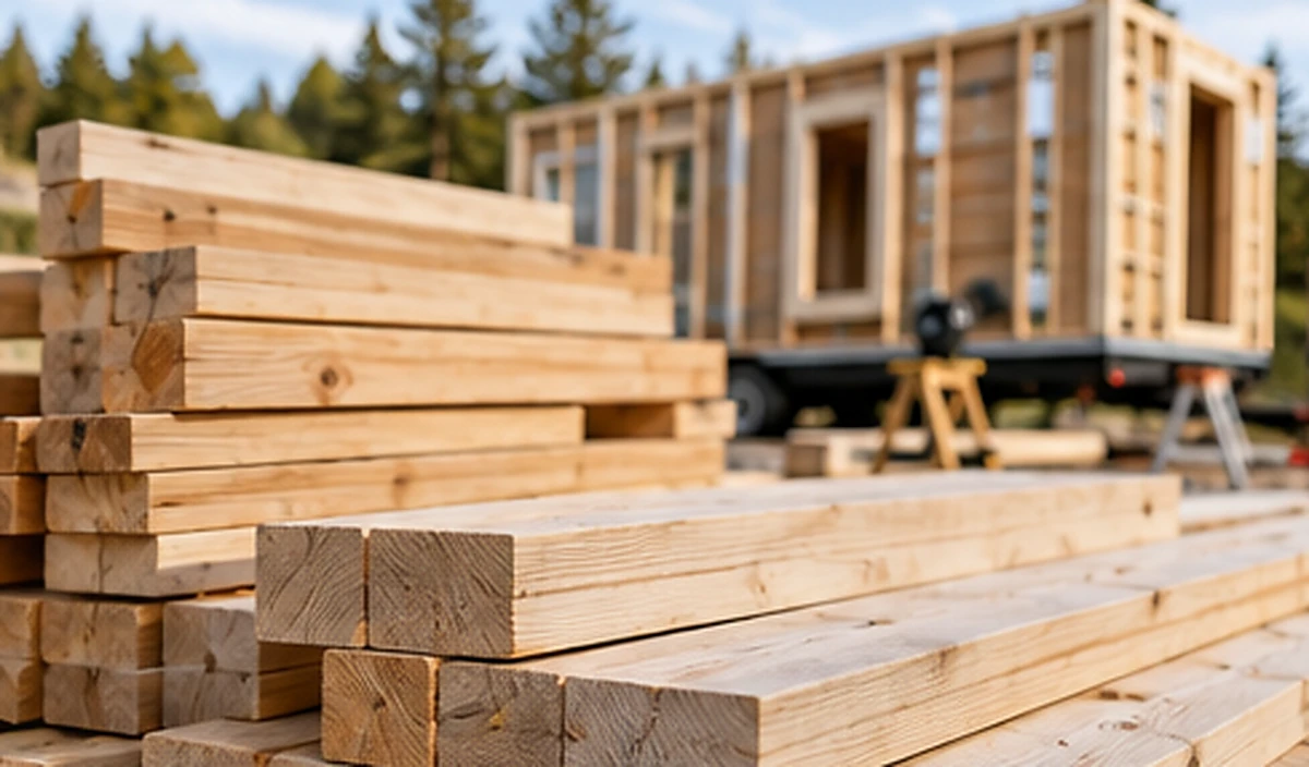 Neatly stacked dimensional lumber in front of a simple timber-framed tiny home under construction.