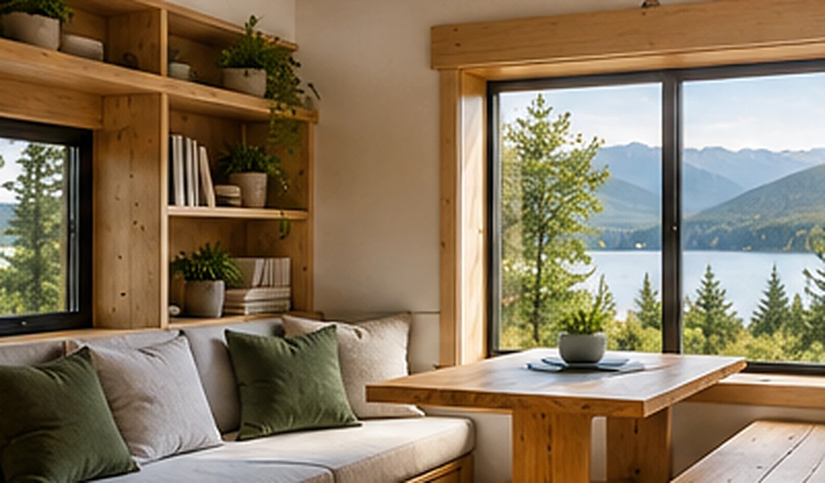 Warm compact living and dining area with a carefully placed picture window overlooking a wooded lake.