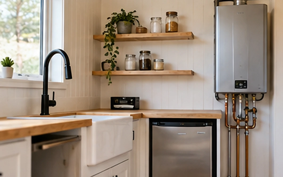 Compact kitchen sink and nearby wall-mounted water heater in a bright wood-lined tiny house.