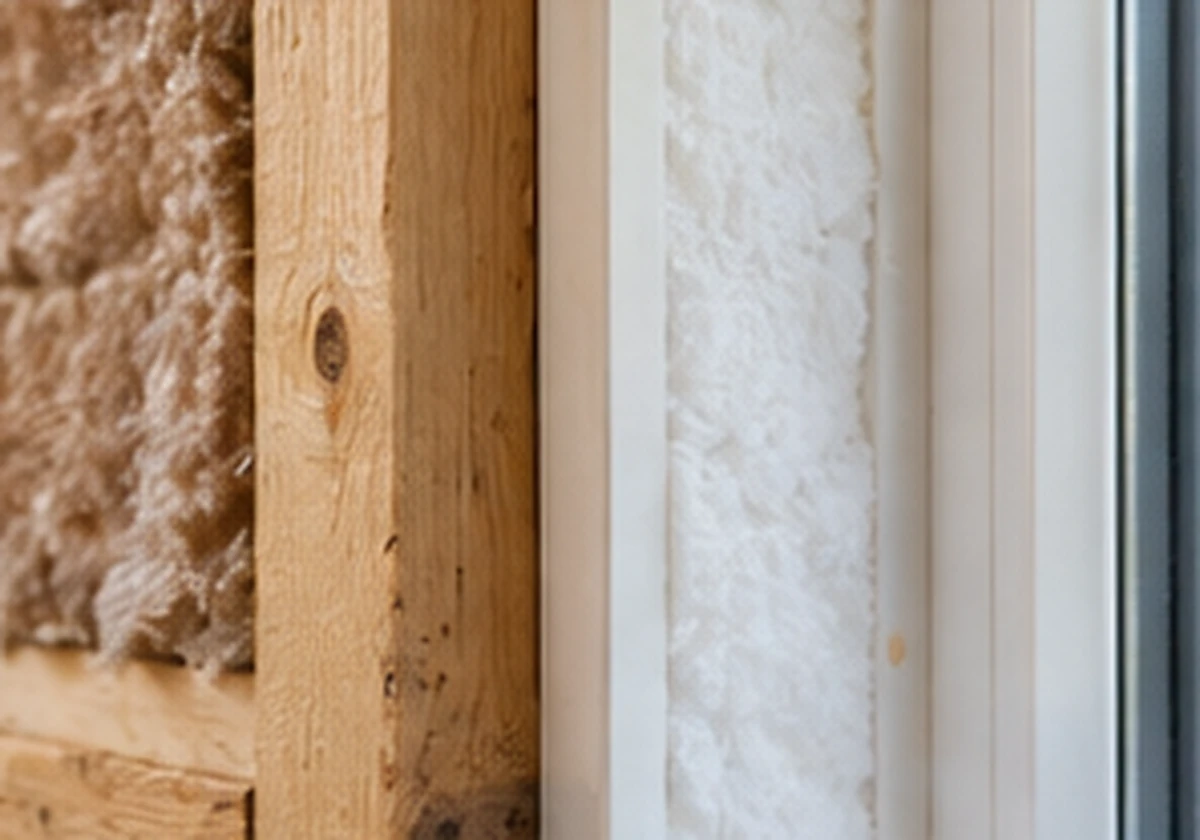 Close-up of wall studs, insulation and the edge of a window opening during small-home construction.