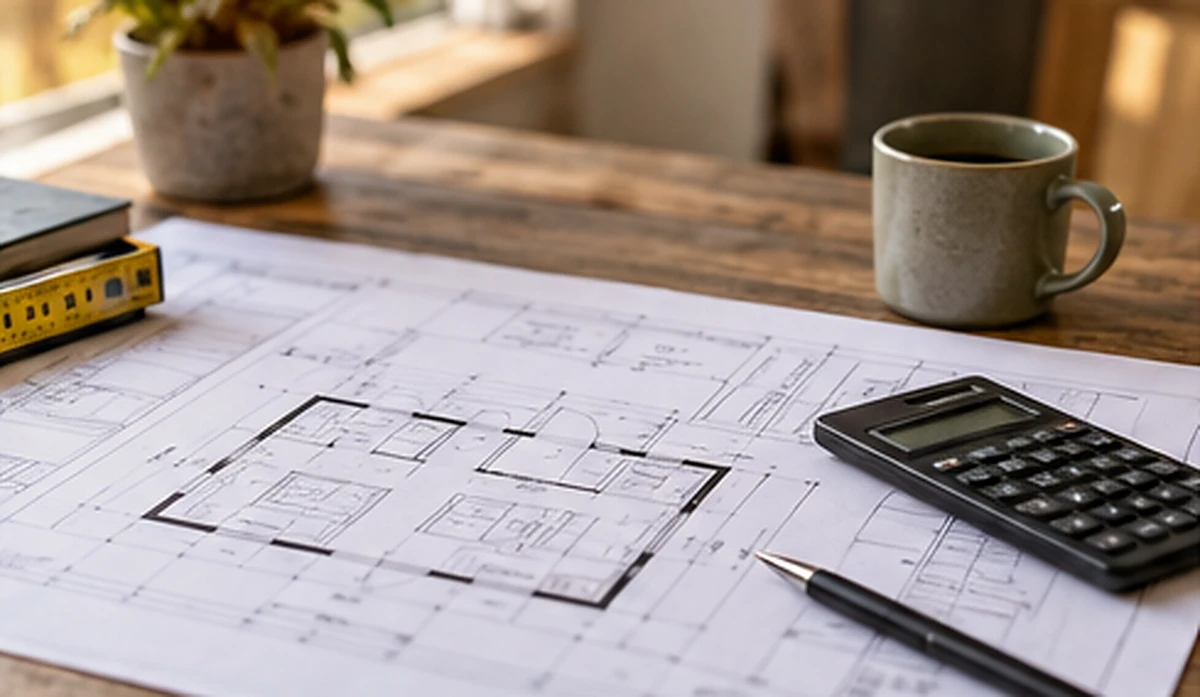 Tiny-home floor-plan drawings on a desk with a calculator, measuring tape and notebook.