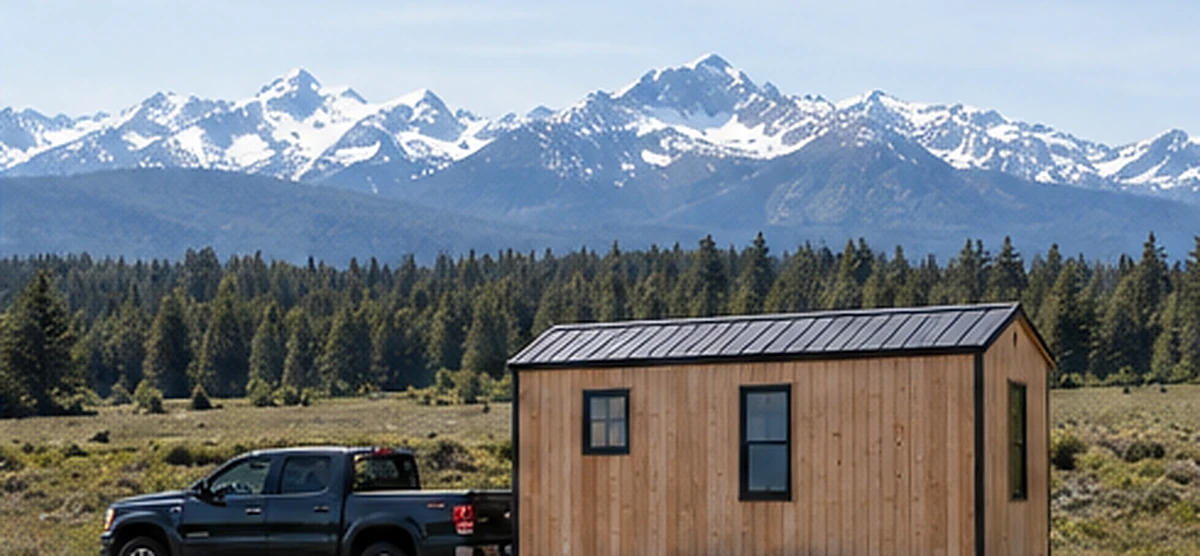 A pickup towing a finished timber tiny house on a trailer through a mountain landscape.