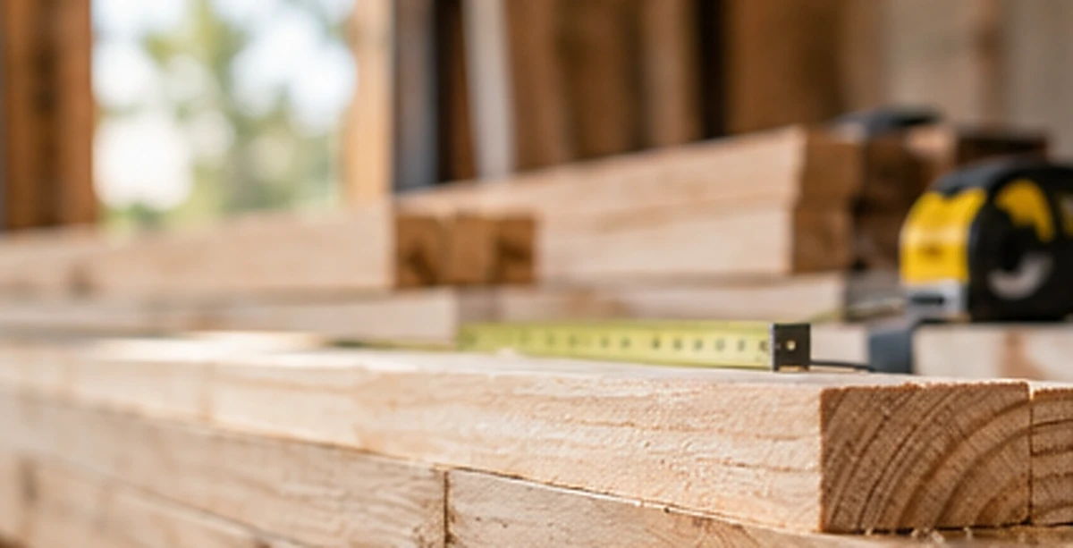 Tape measure and carpentry tools resting on lumber at a small-home construction site.